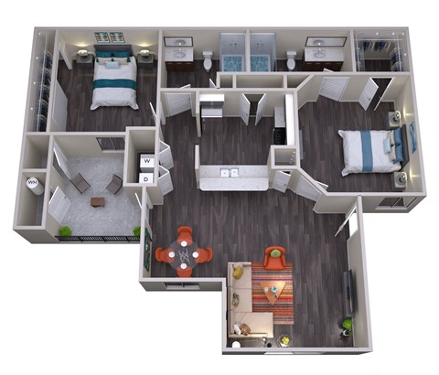 Floor plan for 2 beds, 2 baths, 963 sqft